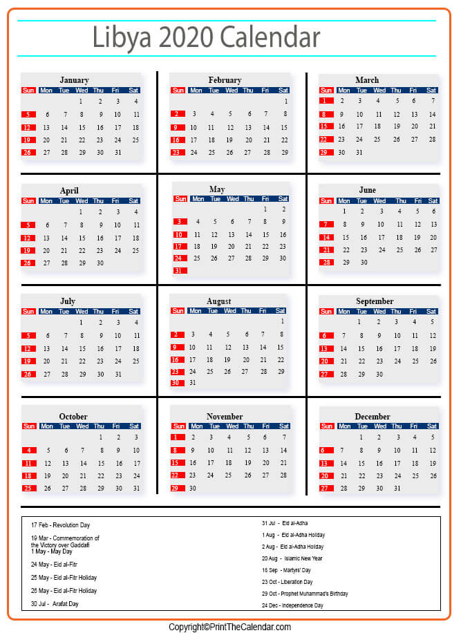 Libya Calendar 2020